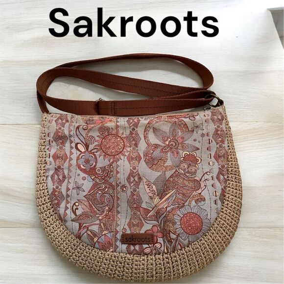 Sakroots Handbags - Sakroots Bohemian Crochet Zip Closure Adjustable Crossbody Neutral Tan Blue